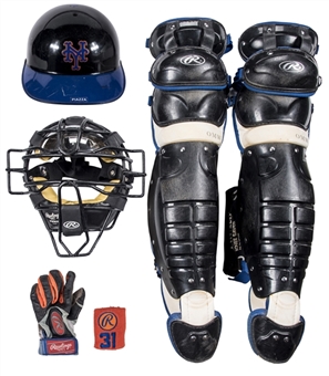 Lot of (5) Mike Piazza Game Used New York Mets Catchers Gear Including Mask, Helmet, Batting Glove, Wrist Band & Pair of Shinguards (Steiner & JT Sports)